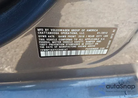 2012 Volkswagen Passat 2.5L Se z USA, uszkodzony, nr VIN 1VWBP7A37CC048147